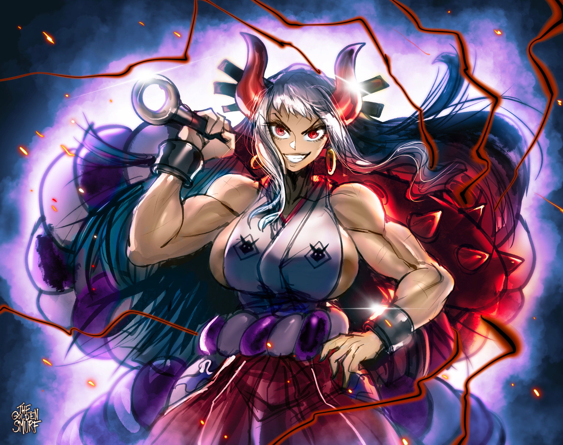 1girls, big breasts, blue hair, bracelet, breasts, brown eyes, clothed, clothing, club, curvy, ear piercing, earrings, female, female focus, female only, gradient hair, green highlights, hakama, hi res, highres, hoop earrings, horned humanoid, horns, humanoid, japanese clothes, kanabou, light skin, light-skinned female, long hair, looking at viewer, multicolored hair, muscular, muscular female, one piece, oni, oni horns, red eyes, revealing clothes, sideboob, simple background, smiling, smiling at viewer, solo, solo female, thegoldensmurf, two-tone hair, weapon over shoulder, white hair, white-haired female, wide hips, yamato (one piece), youkai