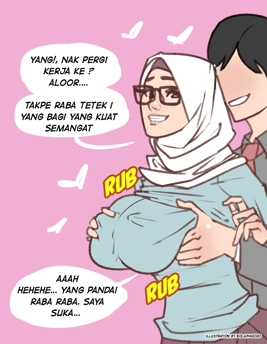 1boy, 1girls, bolapistarize, braless, breast grab, breasts, female, glasses, hijab, large breasts, male, translation request