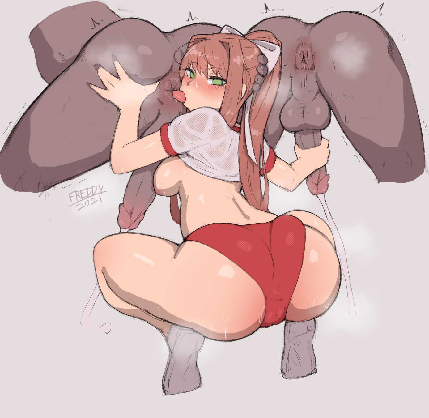 1girls, 2boys, areolae, ass, balls, big ass, big butt, bloomers, breasts, buruma, cuck, cuckold, cum, dark skin, dark-skinned male, doki doki literature club, ejaculation, eye contact, female, freddyhalloween, green eyes, gym uniform, hair ribbon, handjob, long hair, looking at viewer, looking back, male, monika (doki doki literature club), netorare, nipples, ntr, penis, rimjob, rimming, squatting, testicles