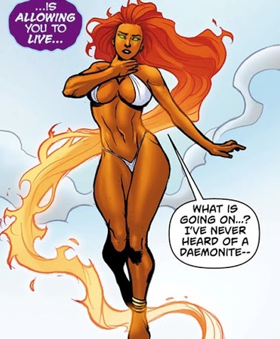 1girls big_breasts bikini breasts cleavage dc dc_comics elizabeth_torque female female_only fit_female full_body green_eyes hand_on_neck kevin_senft koriand'r long_hair midriff orange_skin pose purple_lipstick solo starfire teen_titans thick_thighs thong voluptuous white_bikini