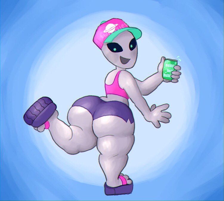 1boy alien alien_only ass back_view baseball_cap big_ass blue_background blush circle_background classic_alien dusty_the_alien femboy feminine_male flip_flops girly hat hips looking_at_viewer looking_back male sandals short_shorts shorts soda soda_can tank_top thick_thighs thighs twistsies wide_hips