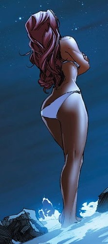 ass big_breasts bikini cleavage dc dc_comics fit_female full_body kenneth_rocafort kevin_senft koriand'r long_hair midriff orange_skin purple_lipstick red_hair starfire teen_titans thick_ass thick_thighs voluptuous white_bikini