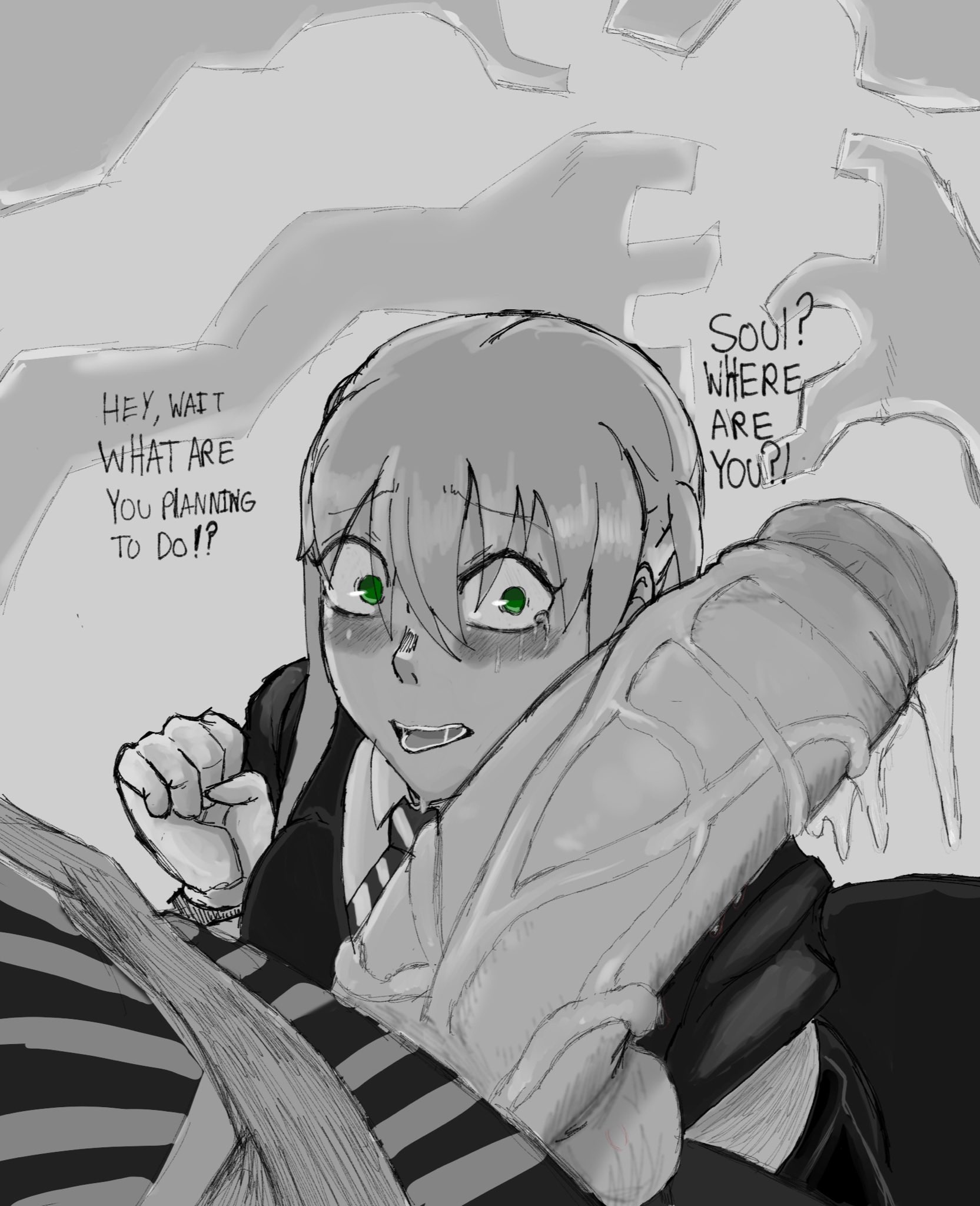 asura (soul eater), blush, heart, huge cock, hyper, hyper penis, large penis, looking at penis, maka albarn, male, mobi mobi, mobubeinglewd, penis, penis awe, soul eater, suit, text, twintails, veiny penis