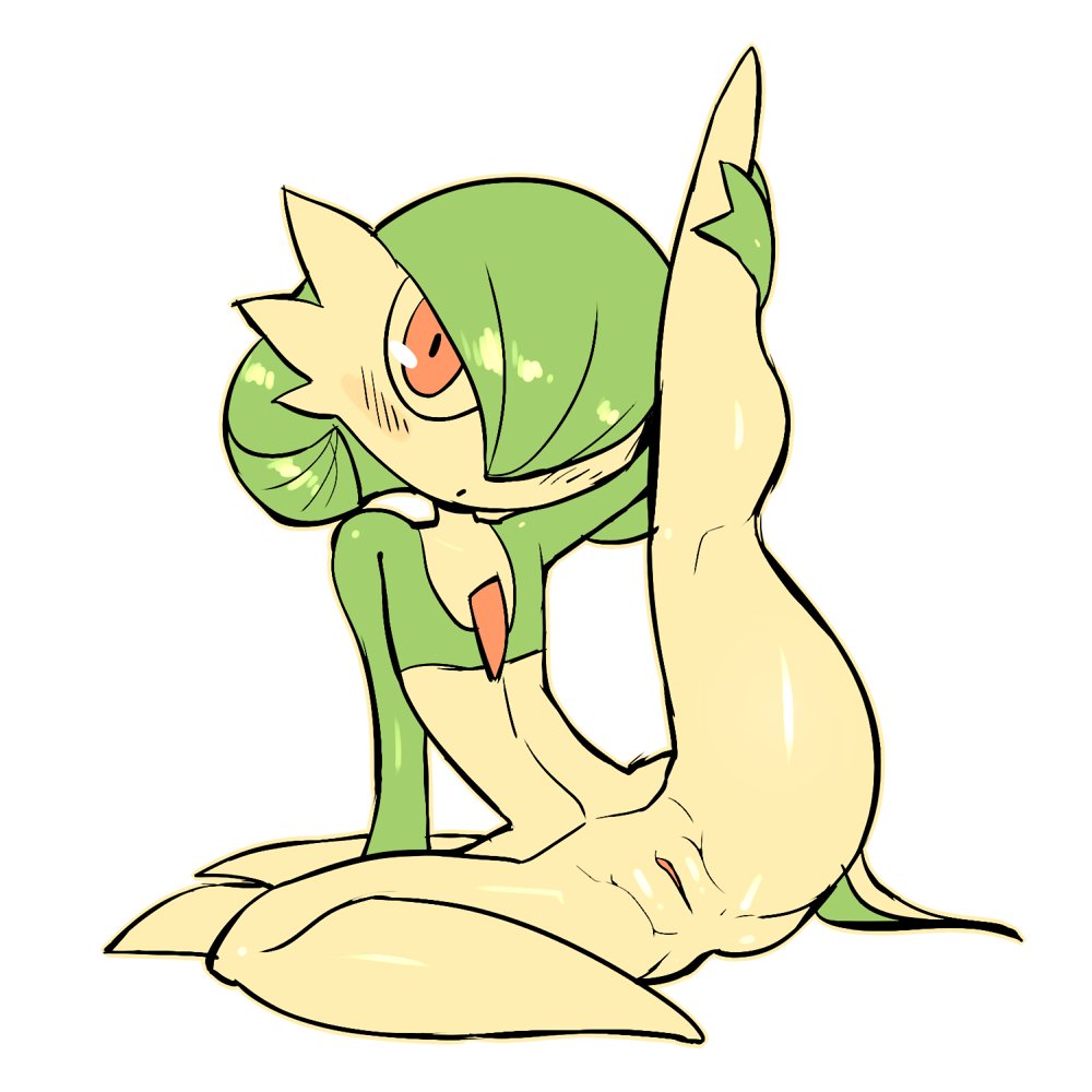 1girls, anthro, blush, breasts, crap-man, female, female gardevoir, female only, flat chest, gardevoir, generation 3 pokemon, holding leg, leg up, looking at viewer, nintendo, no breasts, on model, one leg up, pokémon (species), pokemon, pokemon (species), pokemon rse, pussy, solo, solo female, white background