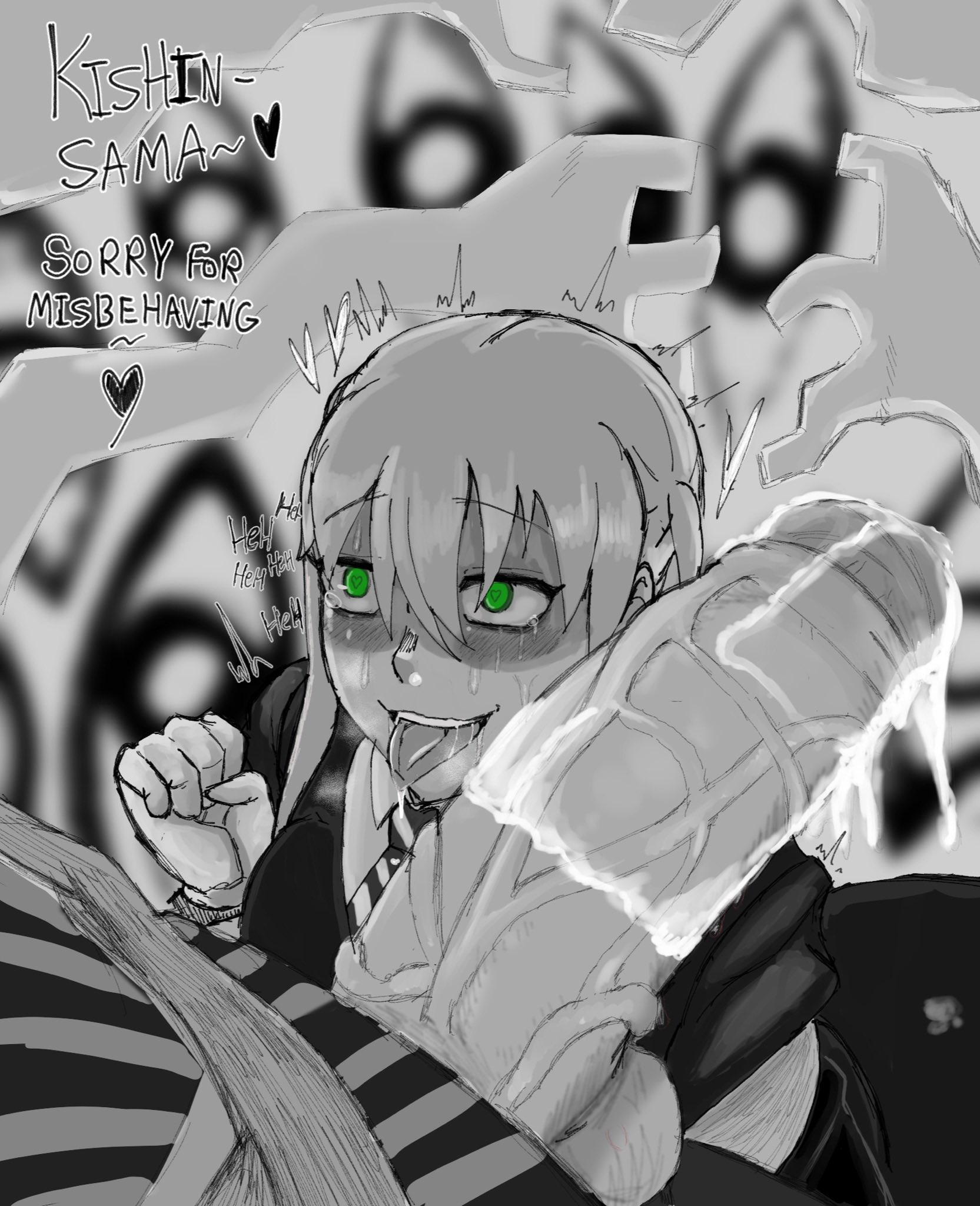 after fellatio, asura (soul eater), blush, heart, huge cock, hyper, hyper penis, large penis, maka albarn, male, mobi mobi, mobubeinglewd, penis, soul eater, suit, text, twintails, veiny penis