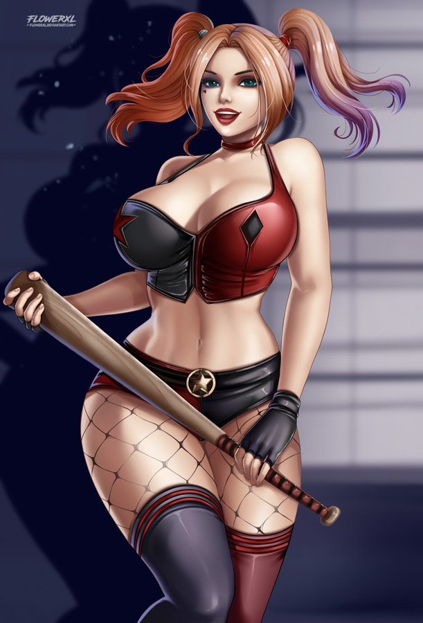 1girls, batman (series), big breasts, breasts, bustier, cleavage, dc, dc comics, female, female only, flowerxl, harley quinn, large breasts, looking at viewer, solo, suicide squad, thick thighs, thunder thighs, wide hips