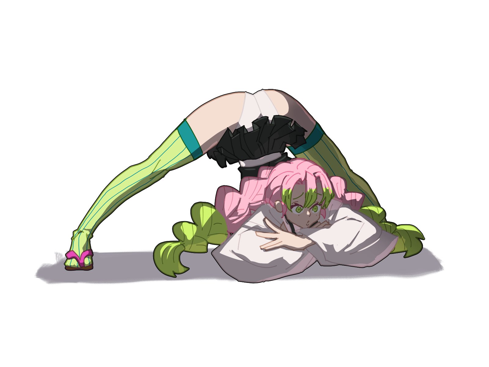 1girls, aitanso, ass, demon slayer, female, full body, green eyes, green hair, jack-o pose, kanroji mitsuri, kimetsu no yaiba, pink hair, pink-haired female, sandals, skirt lift, solo, thighhighs, two-tone hair, white panties