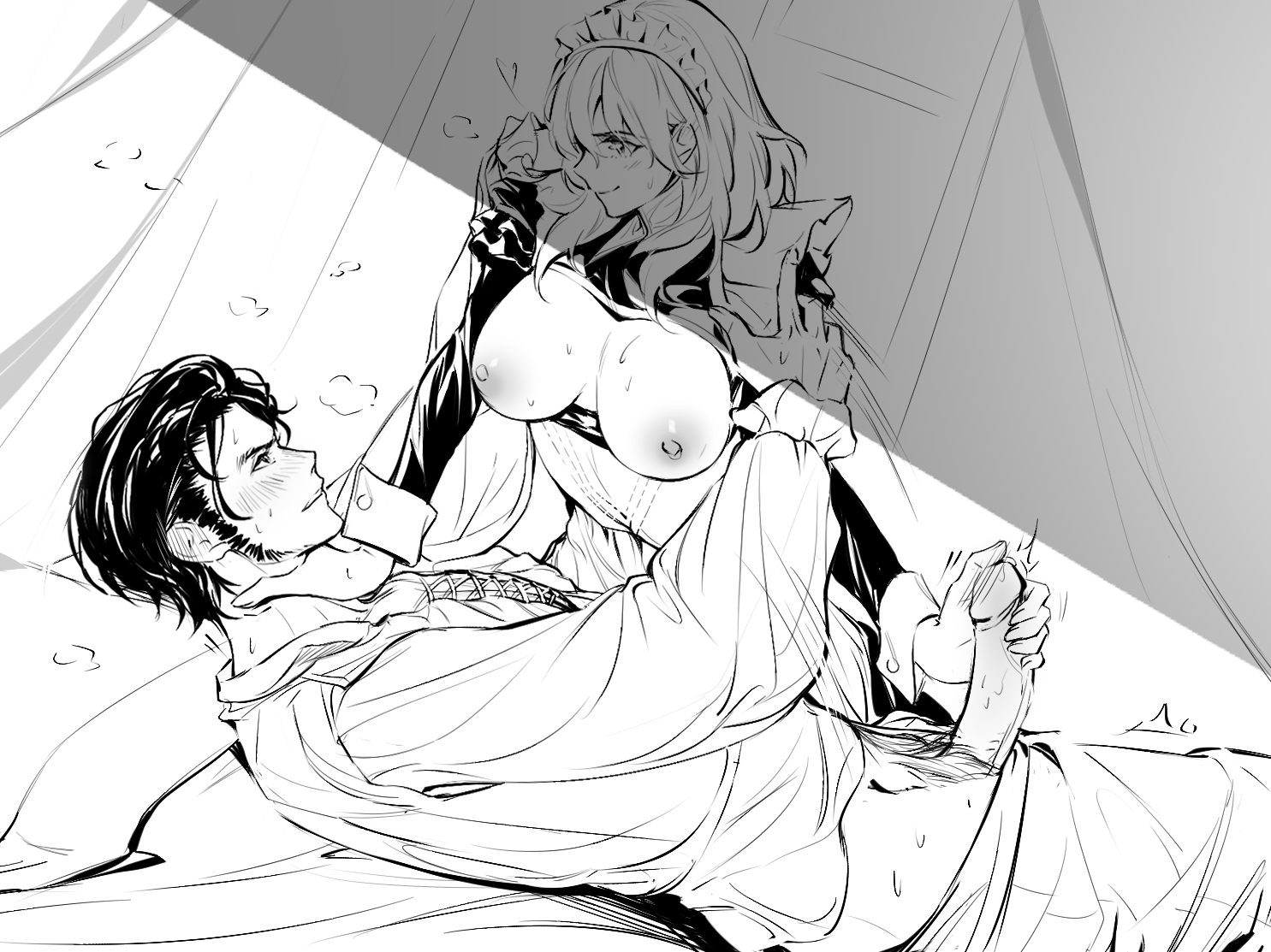 1boy, 1girls, alternate costume, assertive female, blush, breasts, breasts out, byleth (fire emblem), byleth (fire emblem) (female), claude von riegan, facial hair, female, femdom, fire emblem, fire emblem: three houses, handjob, hetero, large breasts, light skin, light-skinned female, light-skinned male, maid, maid headdress, male, malesub, medium hair, monochrome, naughty face, neck grab, nintendo, nipples, official alternate costume, pants, penis, short hair, smile, strangling, zhihaiwusheng