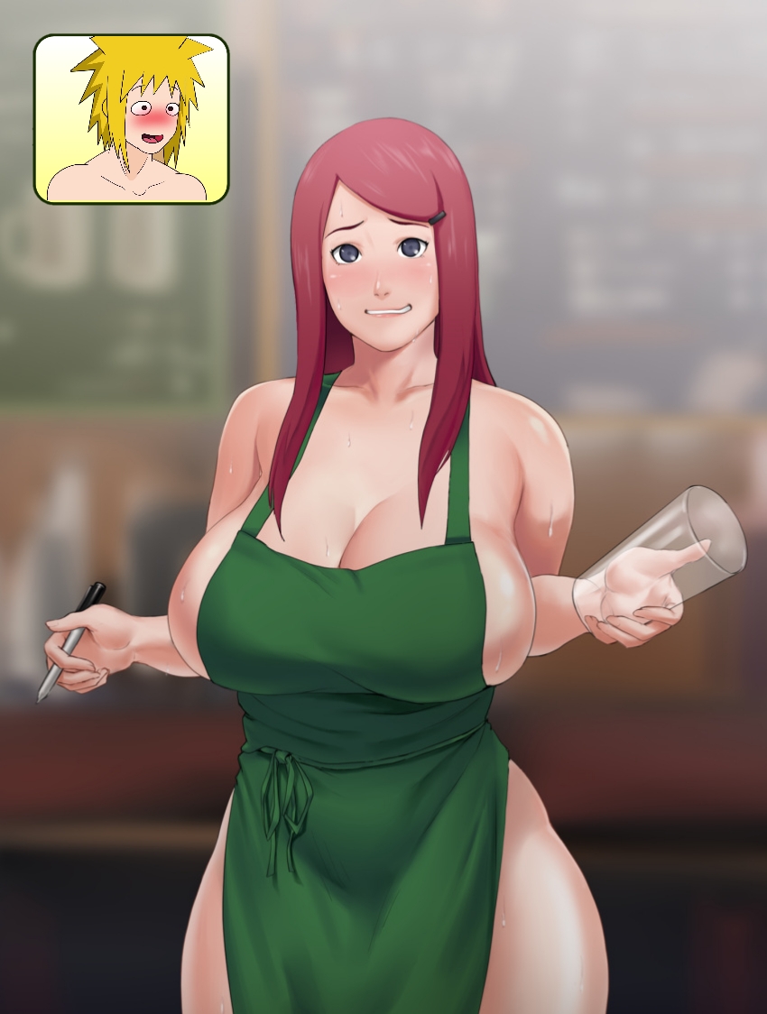 1boy 1girls blurry_background blush curvaceous curvy feet_out_of_frame female holding_pen huge_breasts human husband_and_wife iced_latte_with_breast_milk long_hair looking_at_viewer mature mature_female meme milf naked_apron namikaze_minato naruto naruto_shippuden pen red_hair solo standing starbucks surprised third-party_edit uzumaki_kushina zeros