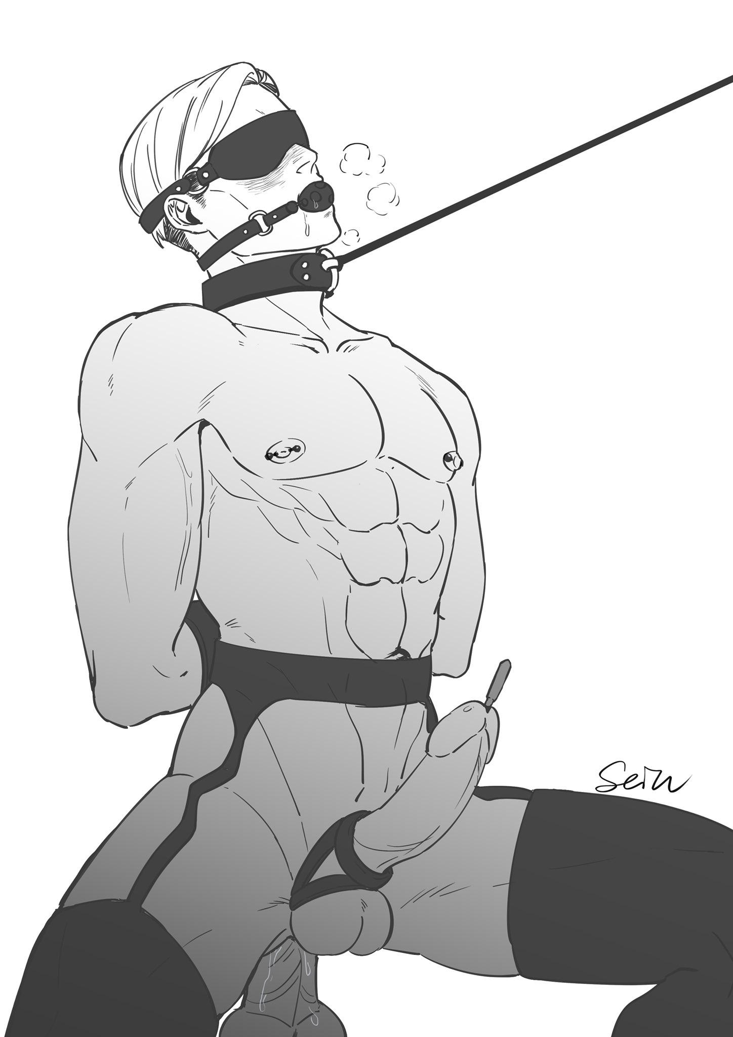 1boy, anal, anal insertion, arms behind back, attack on titan, ball gag, blindfold, bondage, cock ring, collar, dildo, dildo sitting, erwin smith, gag, gagged, garter belt, garter straps, genitals, leash and collar, leash pull, male, male focus, male only, male urethral insertion, monochrome, nipple piercing, nipples, penile urethral insertion, penis, pierced nipples, piercing, seiuzashihao, sex toy, shingeki no kyojin, solo, solo male, sounding rod, submissive, submissive male, thigh highs, thighhighs, tied arms, tied hands, toy, urethral insertion, visible breath, white background