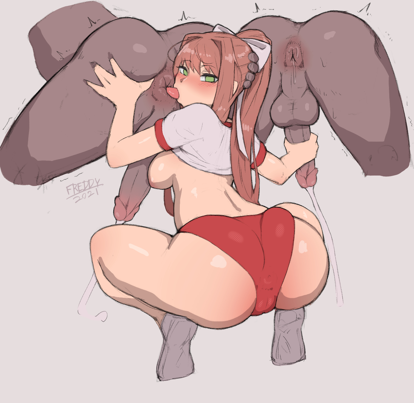 1girls, 2boys, 2d, areolae, ass, balls, big ass, big butt, bloomers, breasts, buruma, cum, dark skin, dark-skinned male, doki doki literature club, ejaculation, eye contact, female, freddyhalloween, green eyes, gym uniform, hair ribbon, handjob, interracial, long hair, looking at viewer, looking back, male, monika (doki doki literature club), multiple boys, multiple males, nipples, penis, rimjob, rimming, squatting, testicles