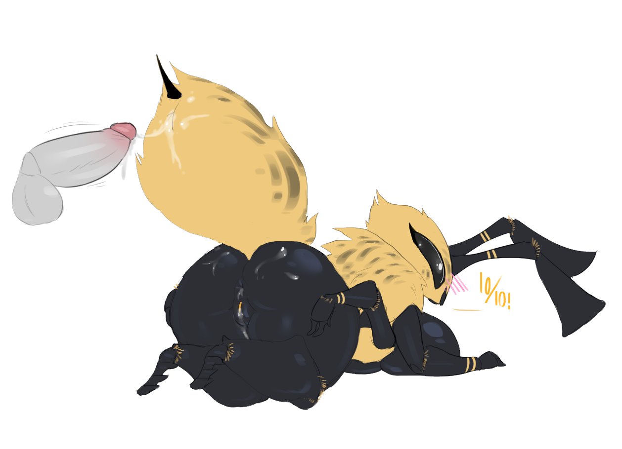 after sex, all fours, antennae (anatomy), anthro, anus, arthropod, arthropod abdomen, arthropod abdomen genitalia, artlegionary, ass, ass up, balls, bee, big ass, big breasts, big butt, black nipples, blush, bodily fluids, breasts, compound eyes, cum, cum in pussy, cum inside, cum on ass, cum on butt, cum on penis, cum string, disembodied penis, female, fur, genital fluids, genitals, glistening, glistening body, human, human penetrating, humanoid genitalia, humanoid penis, hymenopteran, insect, insect girl, insects, itzel (artlegionary), light skin, light-skinned male, male, multi arm, multi limb, nipples, non-mammal breasts, penis, pull out, pussy, short stack, shortstack, simple background, solo, spread ass, spread butt, spreading, stinger, white background, yellow body, yellow fur, yellow pussy