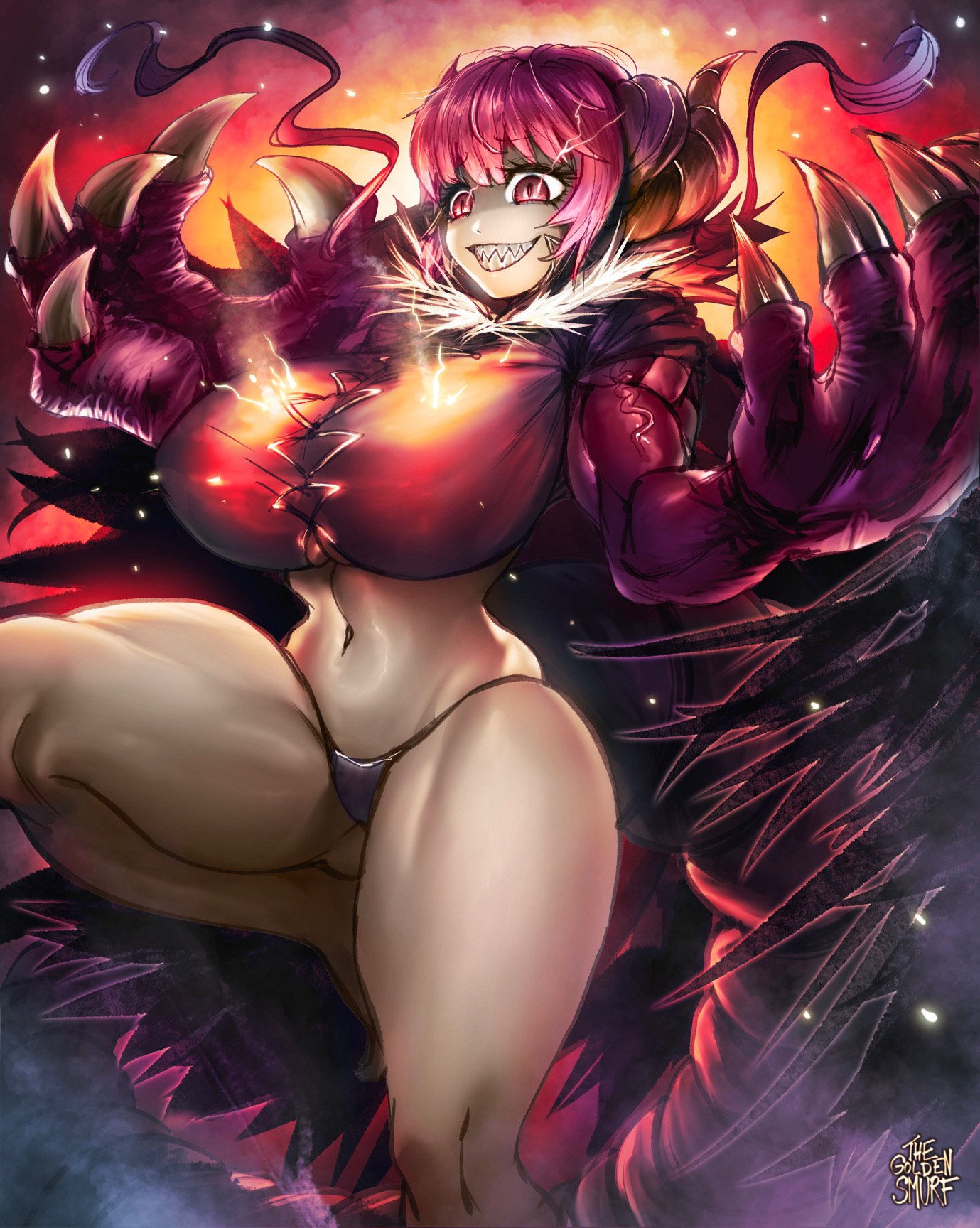 1girls, bent leg, big breasts, breasts, claws, dragon girl, dragon horns, female, female only, fire, hi res, horns, ilulu (dragon maid), leg up, miss kobayashi's dragon maid, panties, red eyes, red hair, sharp teeth, slit pupils, smiling, solo, solo female, teeth clenched, thegoldensmurf, thick thighs, thunder thighs, toned, toned female