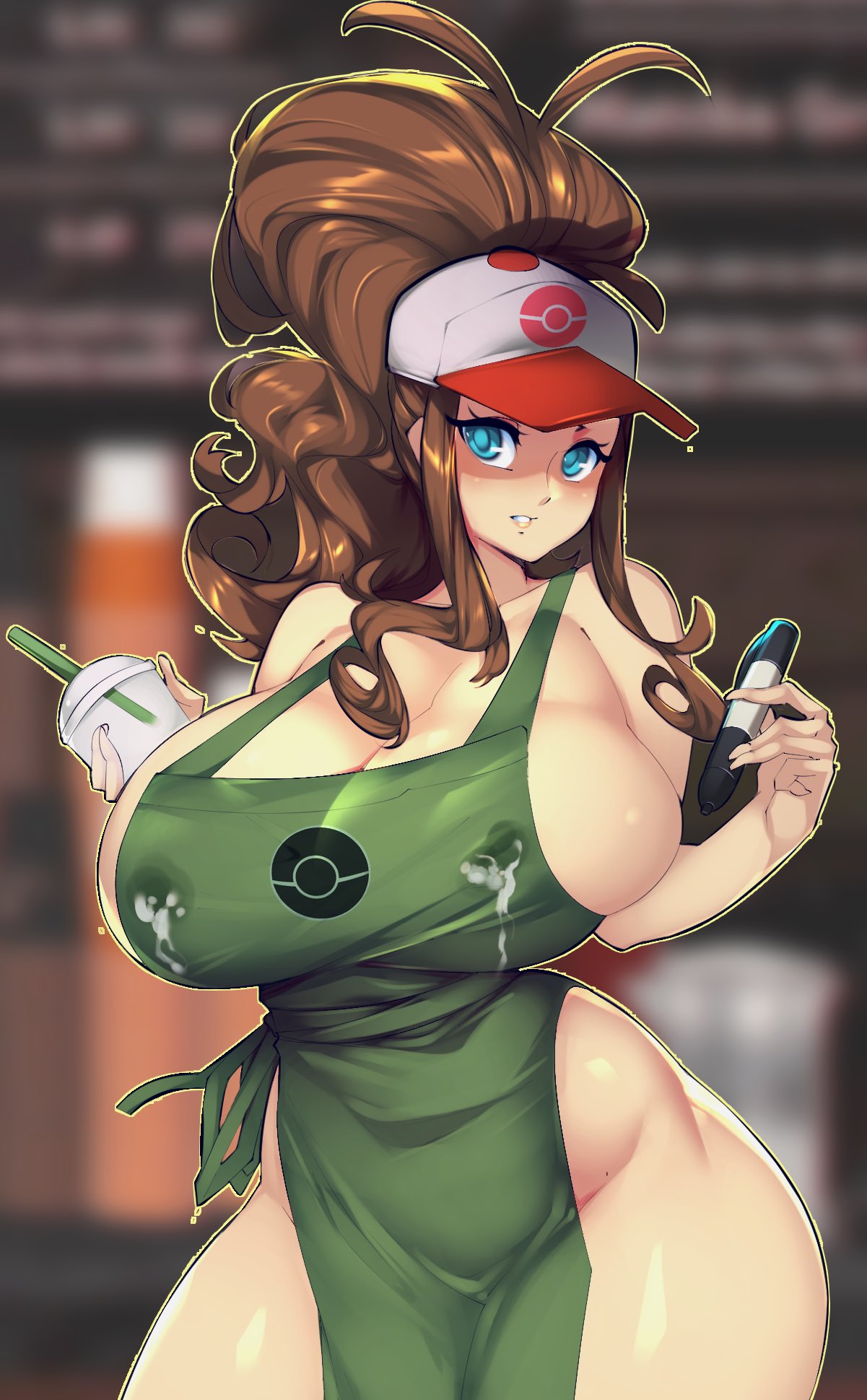 1girls, alternate breast size, apron, blue eyes, breasts, brown hair, curvy figure, eye contact, female, hat, hilda (pokemon), huge breasts, iced latte with breast milk, lactation, long hair, looking at viewer, meme, nintendo, pokemon, pokemon bw, rice-chan, solo, standing, thick thighs, thighs, wide hips