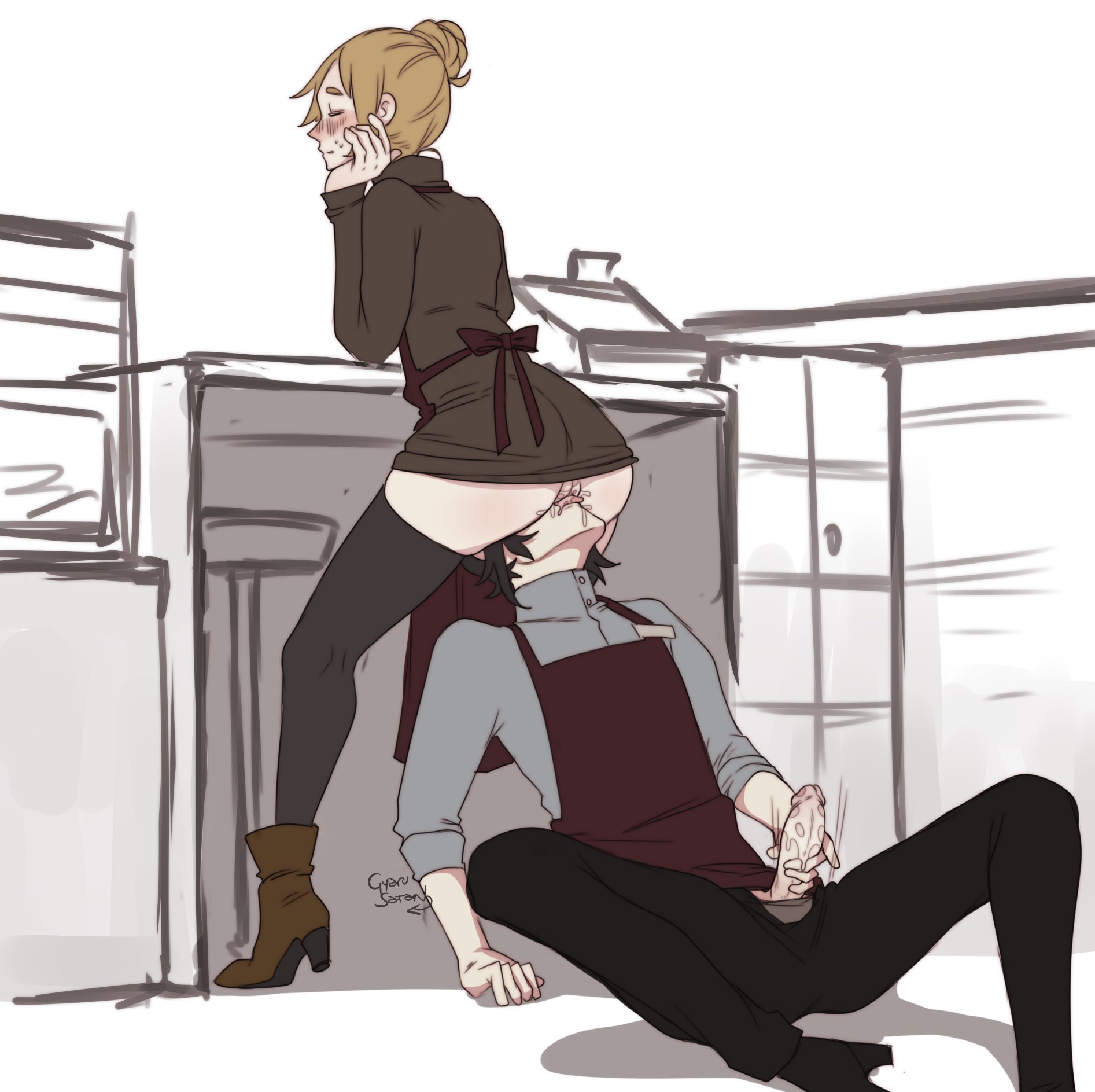 1boy, 1girls, apron, balls, behind the counter, clothed sex, cunnilingus, erection, female, gyarusatan, male, male masturbation, masturbating during cunnilingus, masturbation, no panties, oral, oral sex, penis, public, pussy, pussy juice, straight, testicles