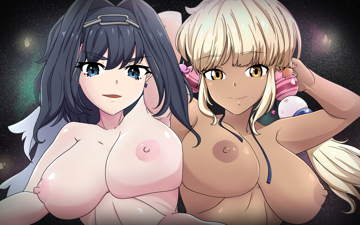 2girls, armpits, dark skin, dark-skinned female, earrings, female, hololive, hololive english, hololive english -council-, hololive english -promise-, light skin, light-skinned female, looking at viewer, multiple females, multiple girls, ouro kronii, space and time, tsukumo sana, twintails, virtual youtuber