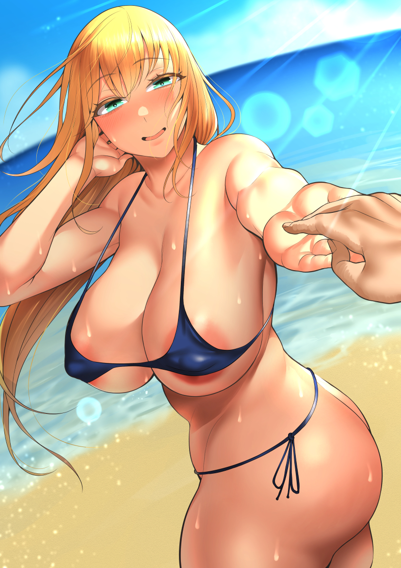 1boy 1girls 2021 areola_slip arm_up arms_up ass atago_(kantai_collection) big_breasts bikini bikini_bottom bikini_top blonde_hair blue_bikini blue_bikini_bottom blue_bikini_top cleavage covered_erect_nipples covered_nipples erect_nipples eyebrows_visible_through_hair eyelashes female female_focus kantai_collection kayumidome looking_at_viewer micro_bikini micro_bikini_top nipple_bulge nipples open_mouth side_view sideboob standing sweatdrop thick_thighs thighs