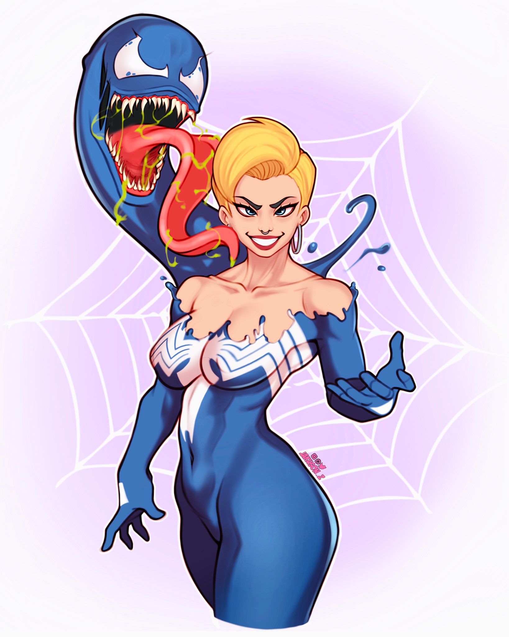 1girls, 2021, anne weying, artist name, blonde hair, blue eyes, breasts, cleavage, female, female only, hoop earrings, jakuson z, light skin, light-skinned female, long tongue, looking at viewer, marvel, marvel comics, nose ring, purple background, reaching out, reaching towards viewer, septum piercing, she-venom, solo, spider-man (series), symbiote, thick thighs, tongue, tongue out, venom, venom (marvel), white background