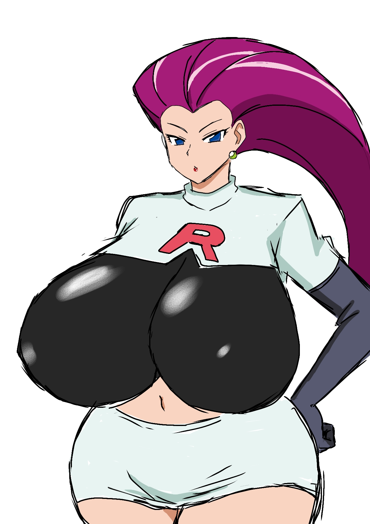 1girls, alternate breast size, ass, big breasts, blue eyes, breasts, breasts bigger than head, curvy, earrings, female, female only, hand on ass, hand on butt, hips, huge breasts, human, human only, humanoid, hyper, hyper breasts, jessie (pokemon), large breasts, long hair, long sleeves, mature, mature female, momiji (artist), pink hair, pokemon, simple background, solo, solo female, team rocket, thick, thick thighs, thighs, top heavy, voluptuous, white background, wide hips