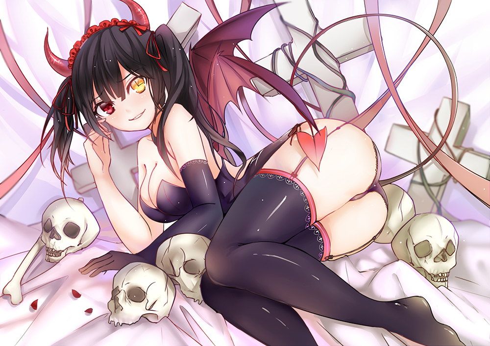 bare_shoulders black_hair black_legwear bone breasts cleavage clock_eye cross date_a_live demon_girl female female_only garter_straps heterochromia horns laying_on_side lolita_fashion no_shoes red_eye rose_petals skulls smile sunege_(hp0715) tail thighhighs tokisaki_kurumi twintails wings yellow_eye