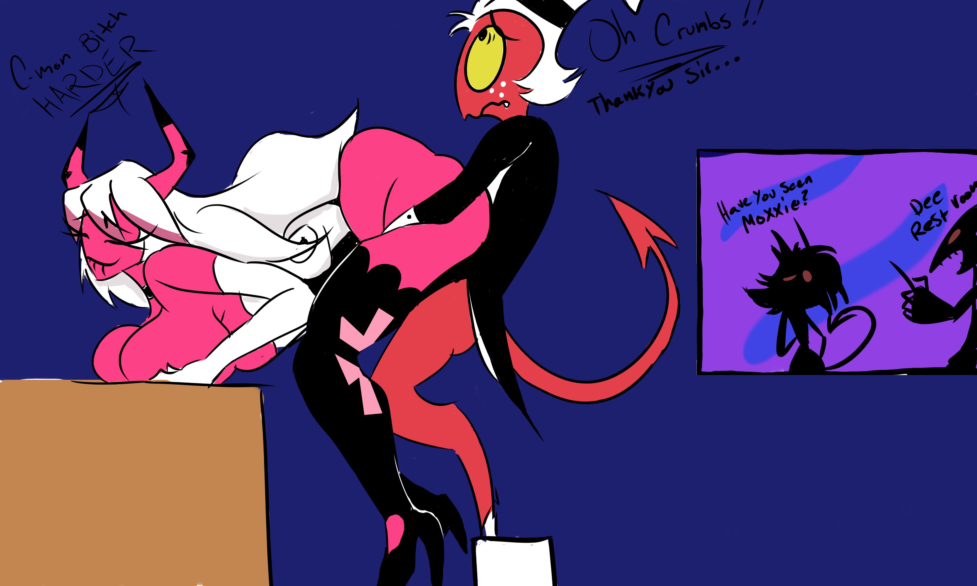 aptom7747, blitzo (helluva boss), breasts, cheating, cheating husband, closed eyes, clothed, clothing, demon, dialogue, doggy style, female, female penetrated, group, hair, helluva boss, horns, humanoid, husband cheating with succubus, imp, infidelity, male, male penetrating, male penetrating female, male/female, millie (helluva boss), moxxie (helluva boss), open mouth, partially clothed, pink body, pink skin, red body, red skin, sex, smile, straight, succubus, tail, tongue, tongue out, verosika mayday (helluva boss), white hair