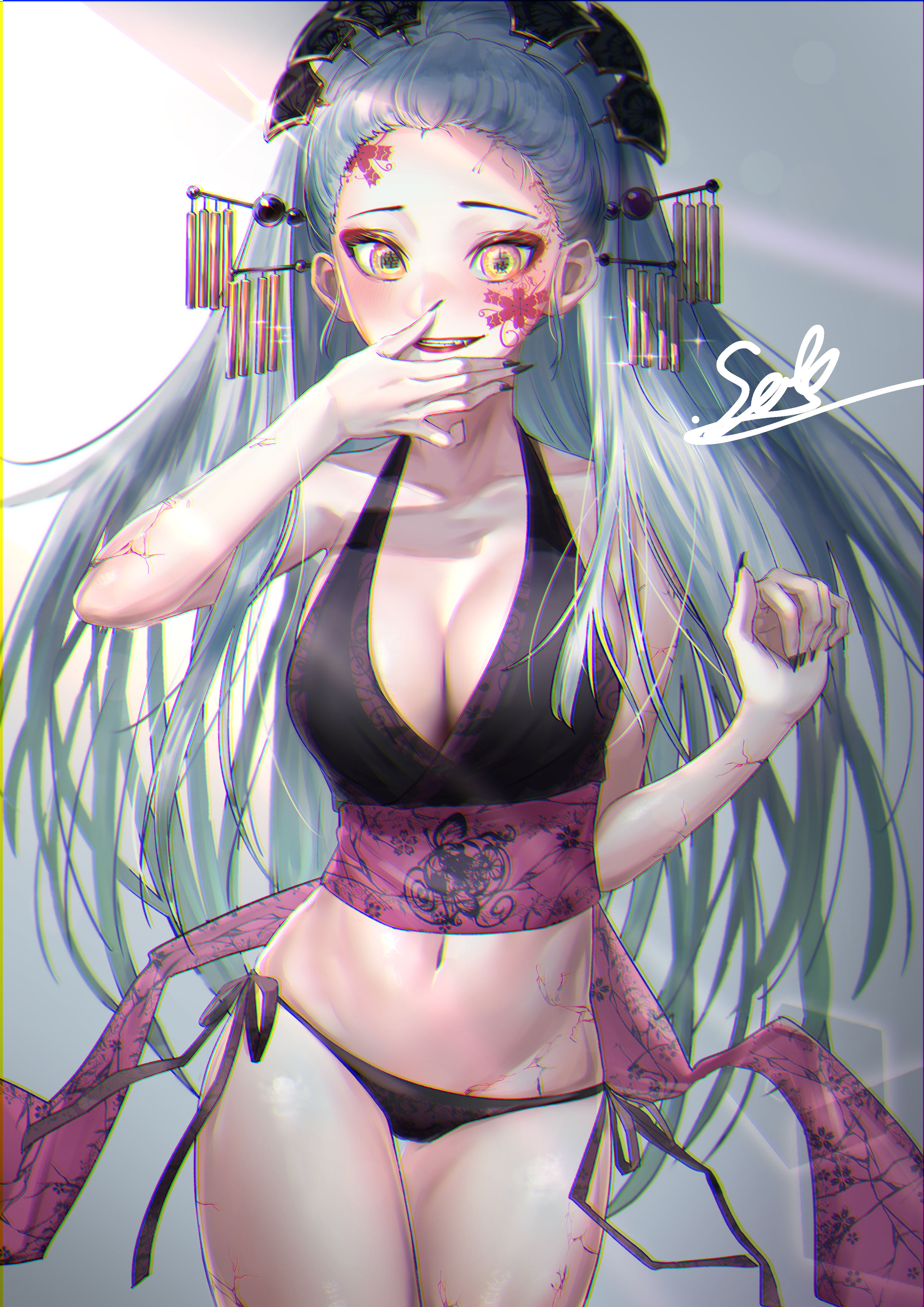 big breasts, black panties, breasts, cleavage, daki (kimetsu no yaiba), demon, demon girl, demon slayer, eyeshadow, facial markings, fangs, female, female only, hair ornament, kimetsu no yaiba, lingerie, lipstick, long hair, looking at viewer, makeup, obi, panties, sharp fingernails, side-tie panties, silver hair, skimpy, smile, solo, thigh gap, unusual anatomy, unusual eyes, unusual pupils, veins, whoami, yellow eyes