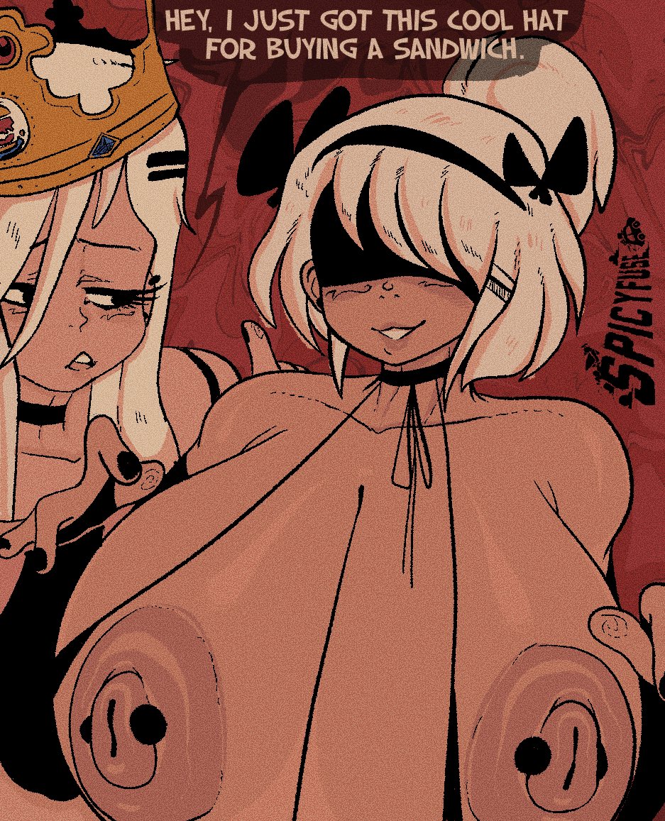 2girls alternate_breast_size black_fingernails black_hairband blindfold burger_king busty choker crown curvy dialogue english_text enormous_breasts exposed_breasts female female_only hairband humor hyper hyper_breasts meme multiple_girls nier nier:_automata nier_(series) nipple_piercing nipples nude spicyfuse text topless watermark white_hair yorha_2b yorha_a2