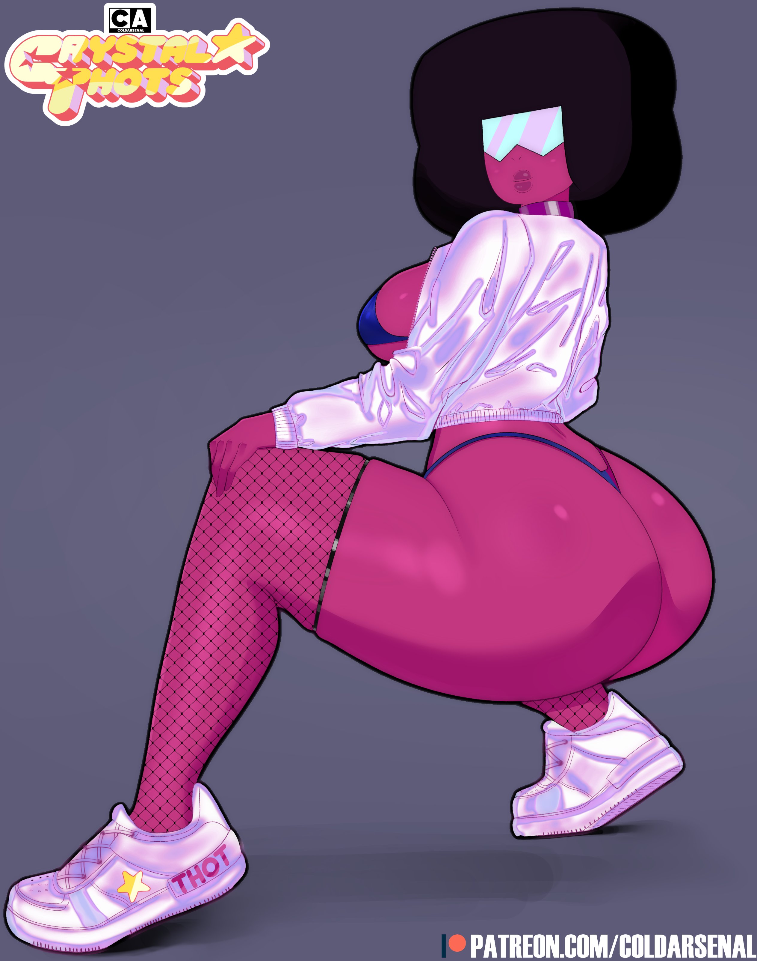 1girls, 2021, african female, afro, ass, black hair, breasts, cartoon network, clothing, coldarsenal, crystal thots, female, fishnet stockings, fishnets, garnet (steven universe), gem, gem (species), gem fusion, grey background, lips, looking at viewer, looking back, open clothes, patreon, red skin, see-through, see-through clothing, shoes, short hair, sideboob, skimpy, sneakers, solo, steven universe, steven universe future, sunglasses, thong, tinted eyewear, visor