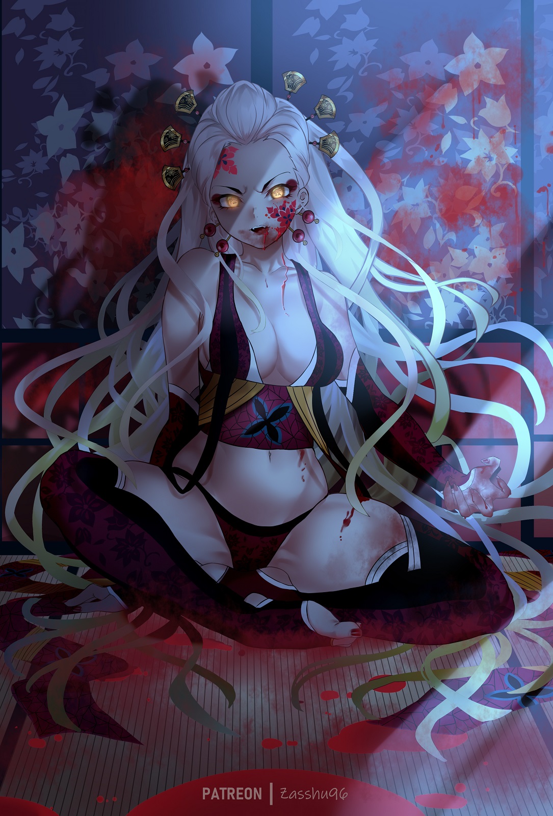 blood, cleavage, daki (kimetsu no yaiba), demon, demon girl, demon slayer, detailed background, eyeshadow, facial markings, fangs, female, female only, gloves, hair ornament, kimetsu no yaiba, lantern, light skin, light-skinned female, lingerie, long gloves, long hair, looking at viewer, nail polish, obi, pale skin, pale-skinned female, sake, sitting, smile, solo, spread legs, stirrup legwear, tatami, thighhighs, toenail polish, very long hair, white hair, yellow eyes, zasshu96