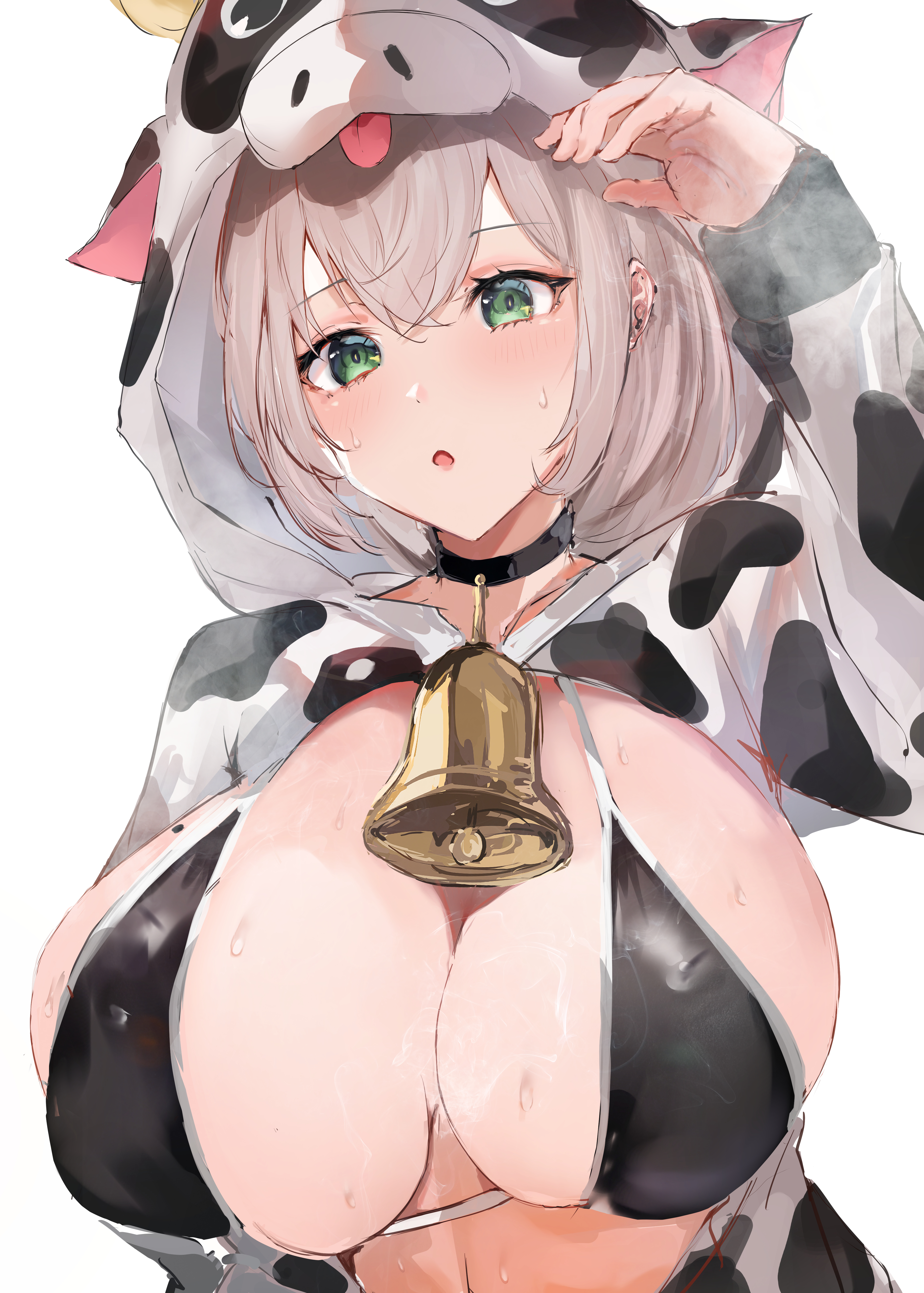 1girls, 2021, arm up, bell, bell collar, big breasts, bikini, bikini top, black bikini, black bikini top, breasts, cleavage, collar, covered nipples, cow print, eyebrows, eyebrows visible through hair, eyelashes, female, female focus, female only, green eyes, grey hair, hololive, hololive fantasy, hololive japan, huge breasts, kigurumi, looking at viewer, open mouth, shirogane noel, simple background, solo, solo female, solo focus, sweatdrop, upper body, virgo (pixiv), virtual youtuber, white background