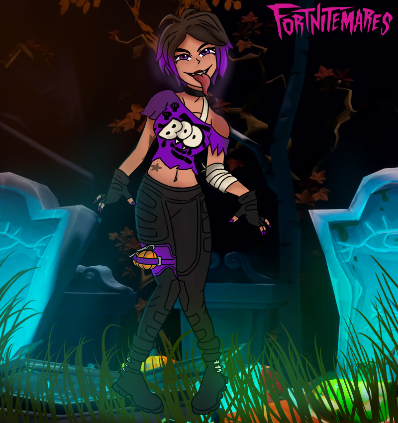 dark_background fortnite gravestone halloween millennium_(artist) purple_eyes purple_hair tntina tongue tongue_out