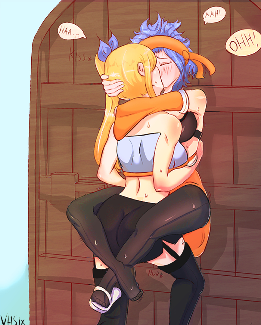 2girls, against door, against wall, black bra, black stockings, blonde hair, blonde-haired female, blue hair, blue-haired female, fairy tail, female, female only, kissing, legs around partner, levy mcgarden, lifted by another, lucy heartfilia, multiple females, multiple girls, no shoes, pinned to wall, shoe dangle, stockings, thighhighs, top, vhsix, yuri