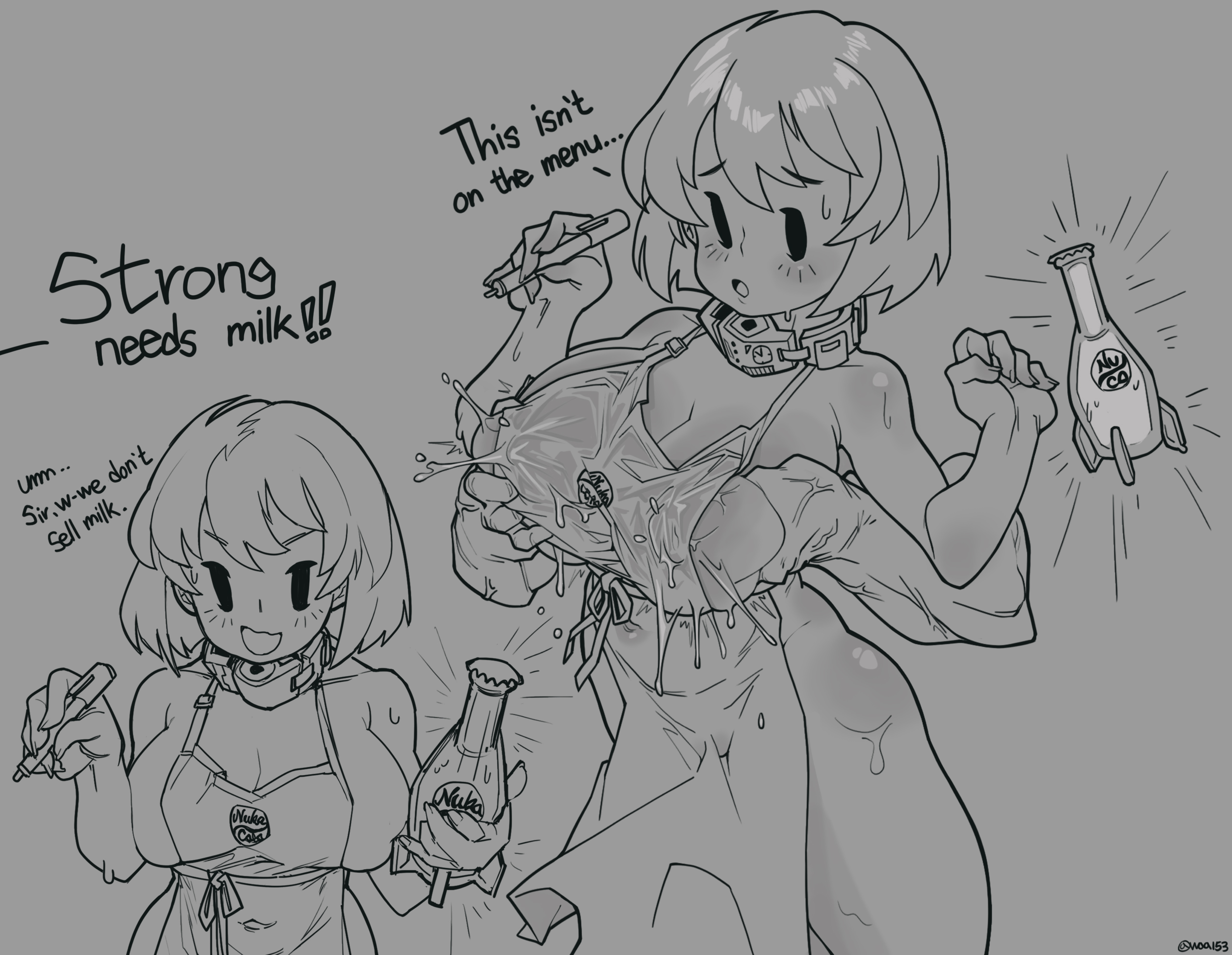1girls, apron, armor, breasts, clothed, clothing, collar, explosive collar, fallout, female, female only, human, iced latte with breast milk, meme, mob face, mostly nude, sketch, solo, tagme, vault girl, waa153
