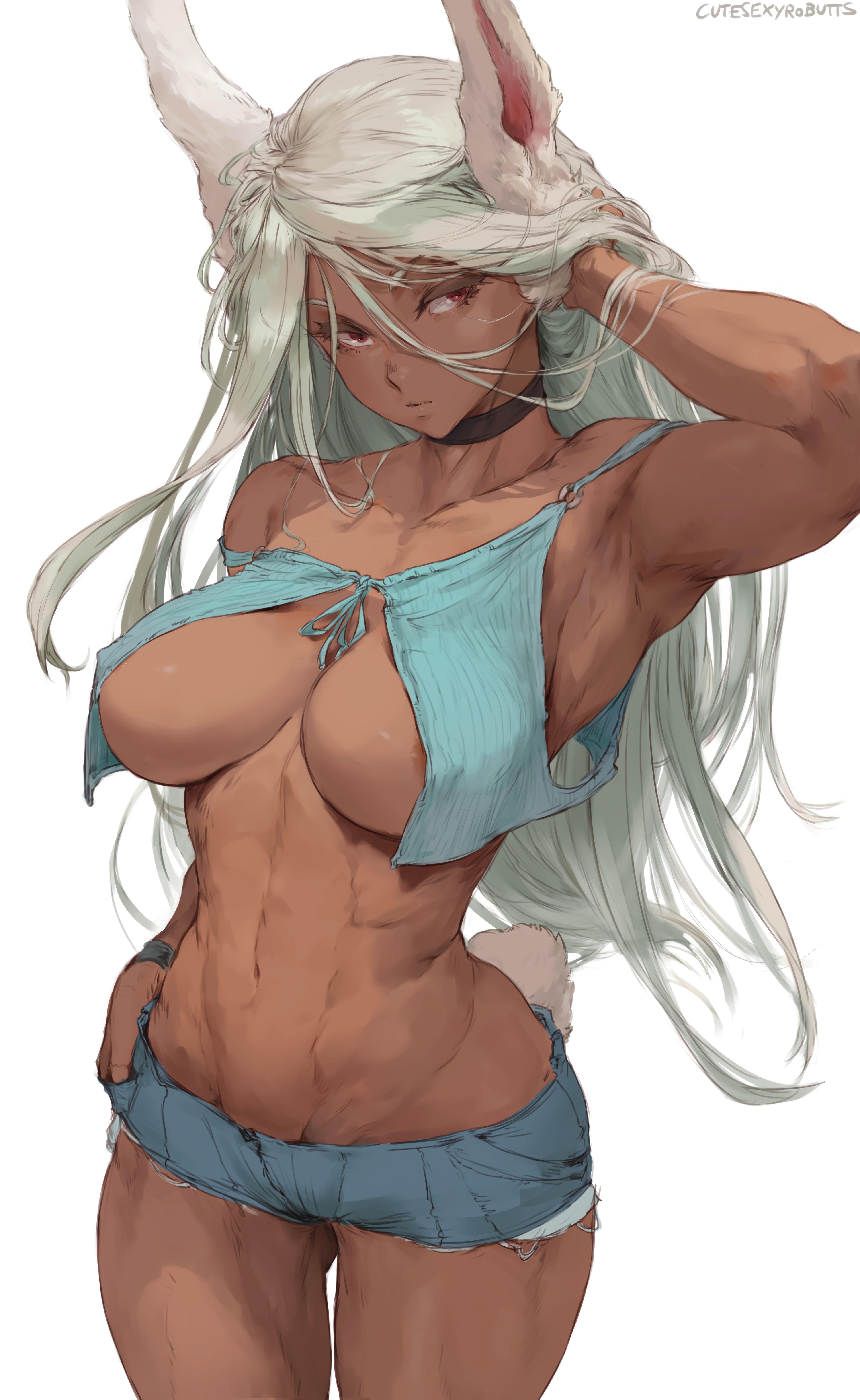 1girls, abs, absurd res, animal ears, areola slip, artist signature, big breasts, breasts, bunny ears, bunny girl, bunny tail, choker, cleavage, curvy, cutesexyrobutts, dark skin, dark-skinned female, edit, erect nipples, erect nipples under clothes, eyelashes, female, female only, hi res, huge breasts, large breasts, long hair, looking to the side, midriff, miruko, muscular, muscular female, my hero academia, nipples, partially clothed, red eyes, revealing clothes, rumi usagiyama, short shorts, shorts, shounen jump, solo, thick thighs, thighs, thin waist, tight clothing, tight fit, tomboy, toned, toned female, upscaled, watermark, white background, white hair, white-haired female, wide hips