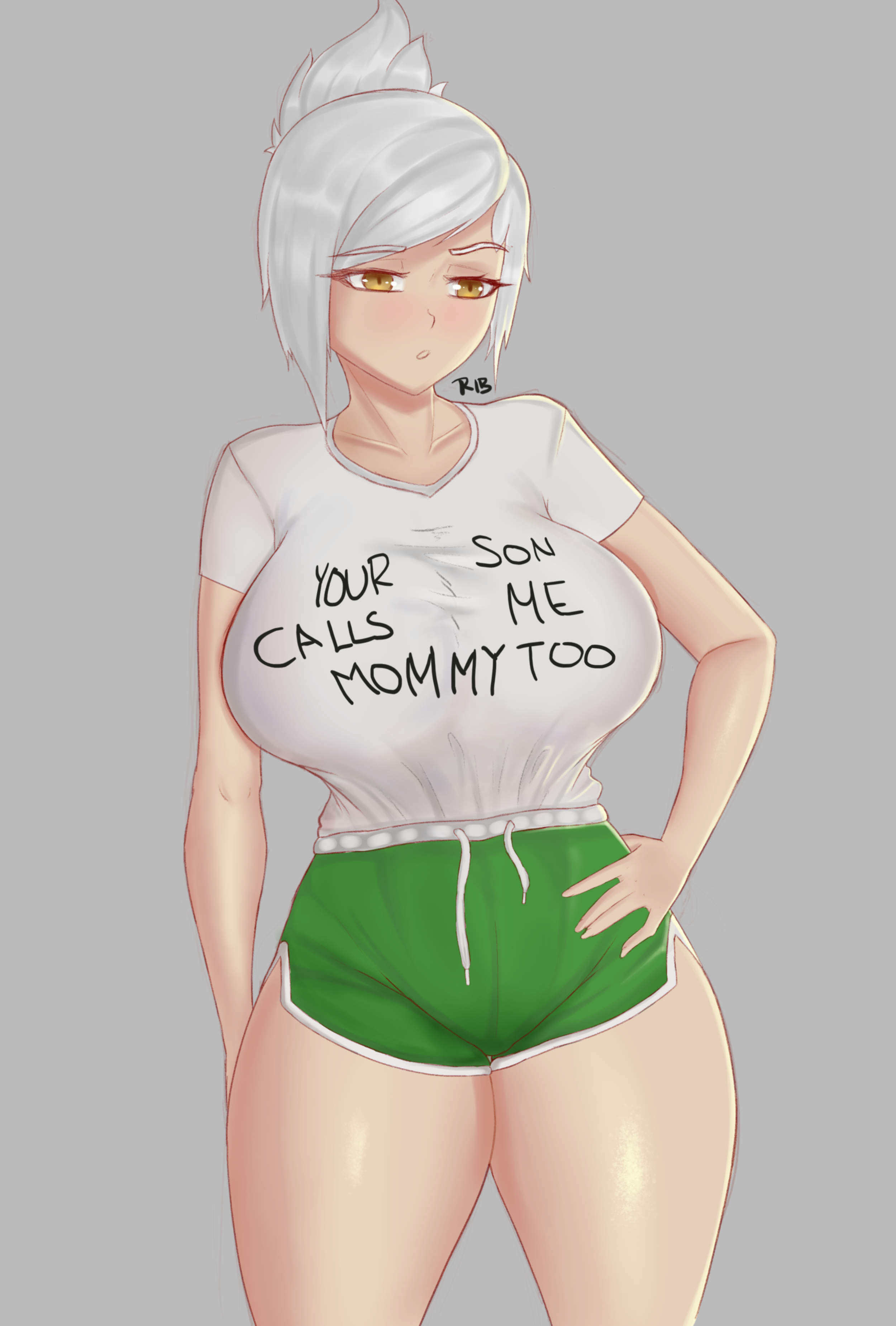 breasts, clothed, female, female only, gold eyes, gym shorts, large breasts, league of legends, light skin, light-skinned female, pale skin, pale-skinned female, riven, rivenisbae, thick thighs, thigh gap, white hair, white shirt