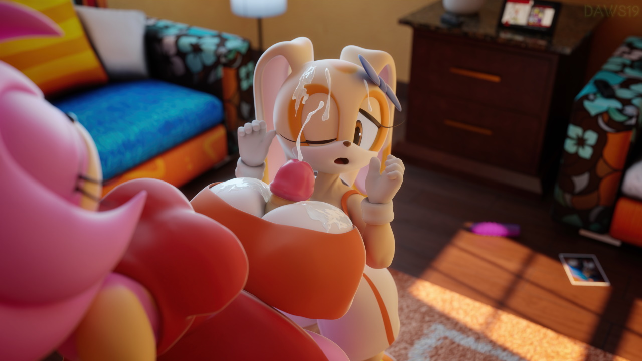 1futa, 1girls, 3d, amy rose, big breasts, boobjob, bowtie, breasts, clothed paizuri, clothed sex, cream the rabbit, cum, cum on breasts, cum on face, cumshot, daws19, female, futa on female, futanari, hedgehog, huge breasts, huge cock, intersex, one eye closed, paizuri, penis, penis awe, pink fur, rabbit, sonic (series), tan fur