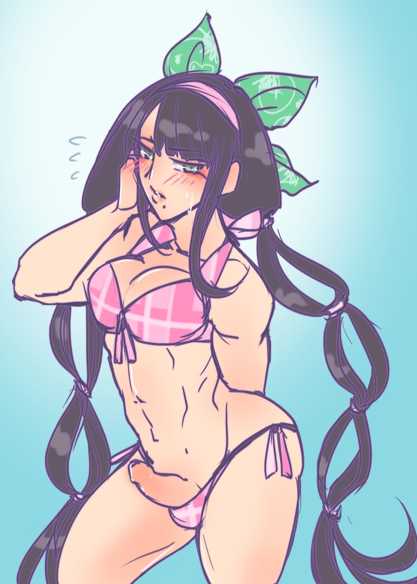 1futa 2021 background black_hair braid braided_hair breasts chabashira_tenko clothed clothing danganronpa danganronpa_(series) danganronpa_s:_ultimate_summer_camp danganronpa_v3 deep_skin diadem digital_drawing_(artwork) digital_media_(artwork) digital_painting_(artwork) erection exposed_penis eye_contact fringe fringe_hair futa_only futanari green_eyes hand_behind_back hand_behind_head human lifted light_skin medium_penis metalljellyfish mole mole_under_mouth mostly_nude pale_skin pattern_clothing pattern_topwear pattern_underwear penis pink_bikini pink_diadem pink_topwear pink_underwear posing pov pov_eye_contact shiny shiny_hair simple_background solo standing straight_hair topwear underwear voluptuous