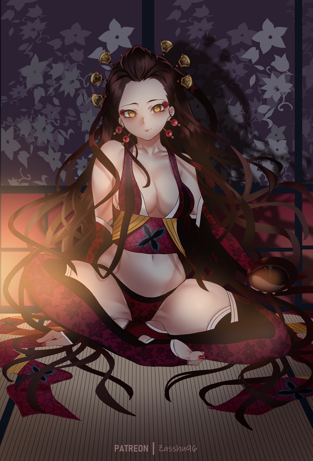 black hair, cleavage, daki (kimetsu no yaiba), dark hair, demon slayer, detailed background, eyeshadow, female, female only, gloves, hair ornament, kimetsu no yaiba, lantern, light skin, light-skinned female, lingerie, long gloves, long hair, looking at viewer, nail polish, obi, pale skin, pale-skinned female, sake, sitting, solo, spread legs, stirrup legwear, tatami, thighhighs, toenail polish, very long hair, yellow eyes, zasshu96