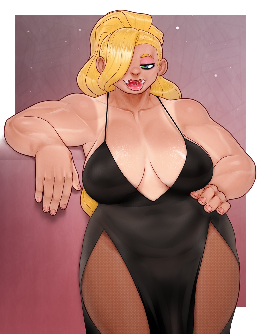1girls, blonde hair, cleavage, derek hetrick, dress, elegant, fangs, female, female only, green eyes, gretel (shieghguy), hair over one eye, hand on hip, hi res, leaning, light skin, light-skinned female, long hair, looking at viewer, muscular, muscular female, narrowed eyes, ogre, pantyhose, ponytail, red lips, solo, solo female, tanline