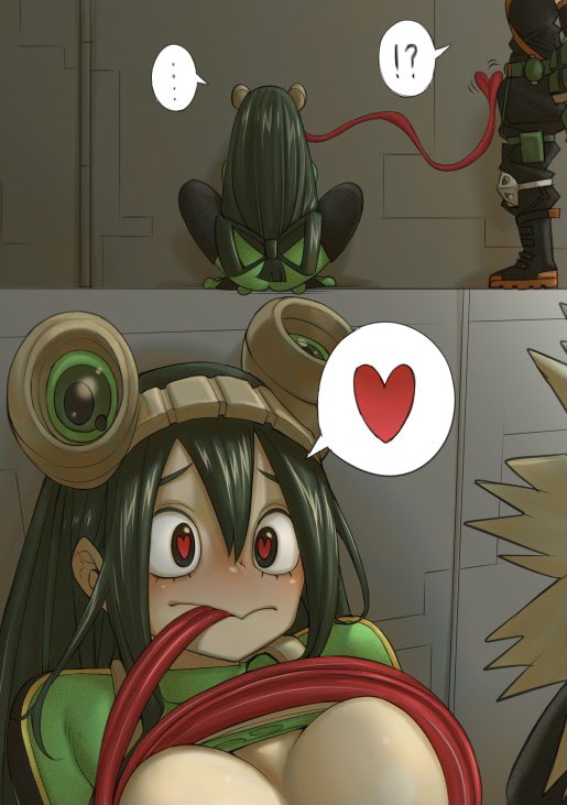 1boy 1girls blonde_hair blowjob clothed_sex cropped fellatio frog_girl green_hair heart heart-shaped_pupils hero_outfit_(mha) katsuki_bakugou long_tongue my_hero_academia oral prehensile_tongue shosho_oekaki squatting straight tongue tongue_out tongue_wrap tsuyu_asui unusual_tongue