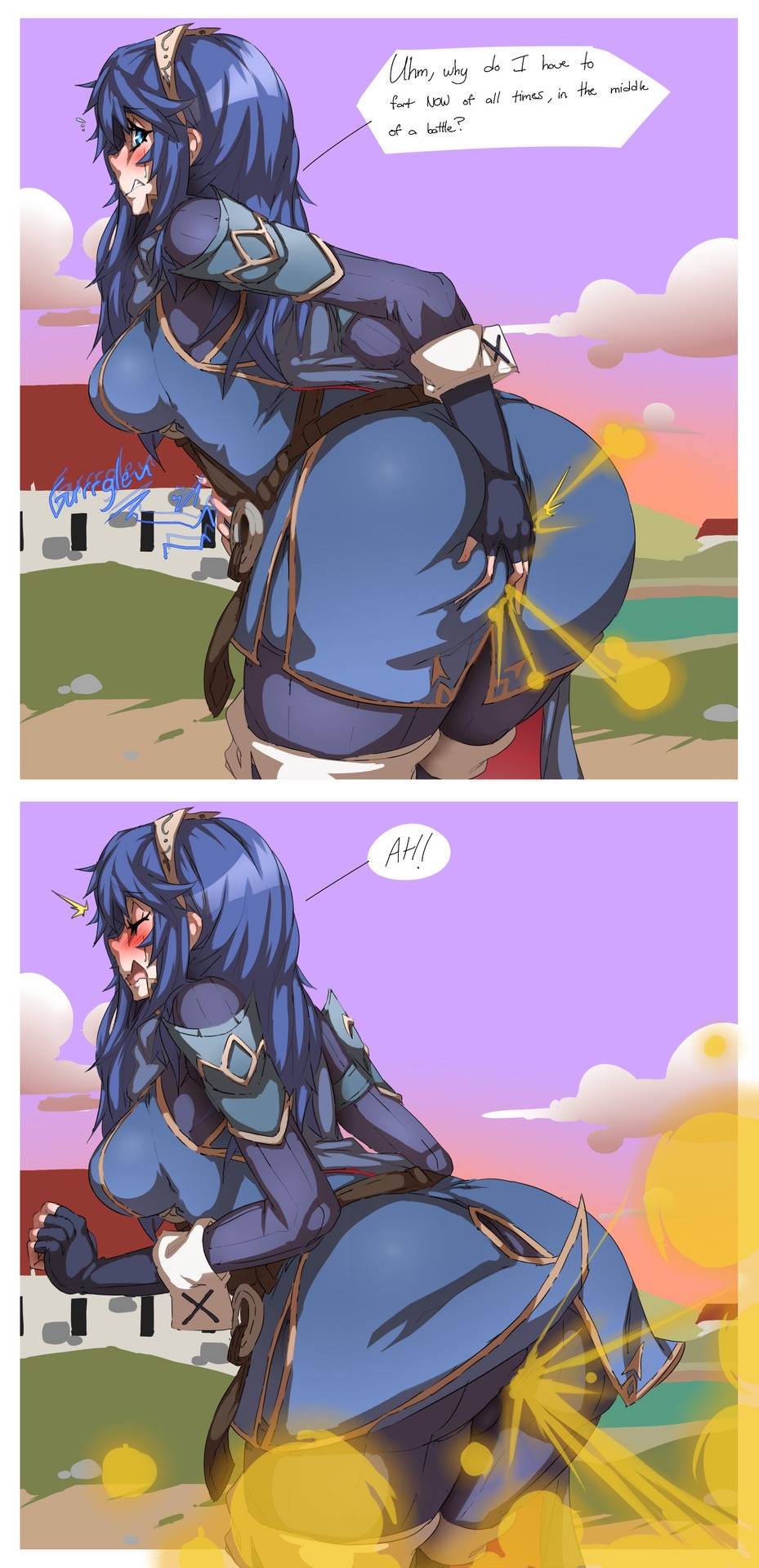 ass ass_grab big_butt blue_clothing blue_hair blush dialogue embarrassed fart fart_everywhere fart_fetish farting farting_at_viewer fire_emblem fire_emblem_awakening hand_on_stomach lazei lucina_(fire_emblem) presenting_hindquarters stomach_growling stomach_gurgle stomach_noises super_smash_bros. yoshizilla