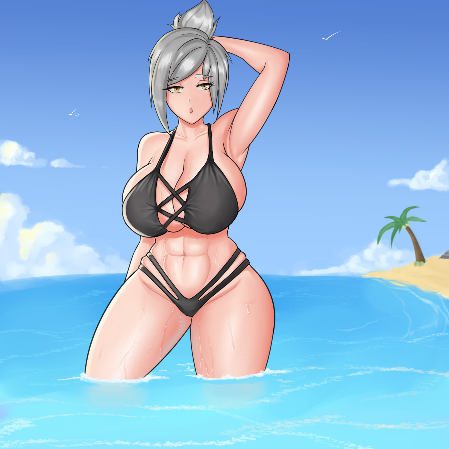 1girls, beach, bikini, breasts, cleavage, female, female only, in water, island, large breasts, league of legends, riven, rivenisbae, sky, wet, white hair