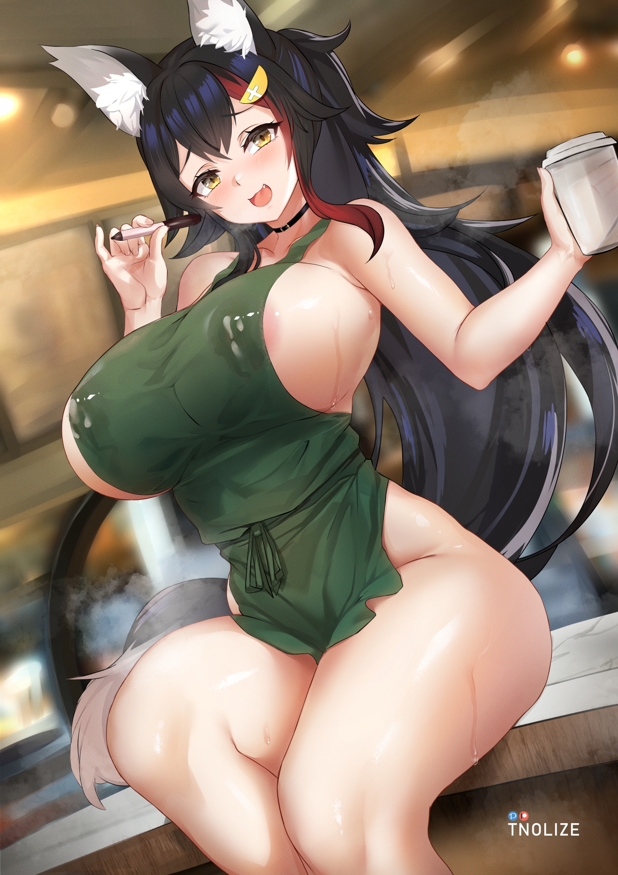 1girls, 2021, alternate version available, animal ears, apron, apron only, areola slip, areolae, artist signature, bare legs, barista, black hair, breasts, choker, feet out of frame, female, female focus, female only, green apron, hair ornament, highlights, hips, holding object, hololive, hololive gamers, hololive japan, huge breasts, iced latte with breast milk, indoors, large areolae, long hair, looking at viewer, meme, naked apron, naughty face, nipples, ookami mio, red highlights, sitting, sitting on counter, slim waist, smile, solo, solo female, steam, steaming body, thick thighs, thighs, tnolize, virtual youtuber, wide hips, wolf ears, wolf girl, yellow eyes