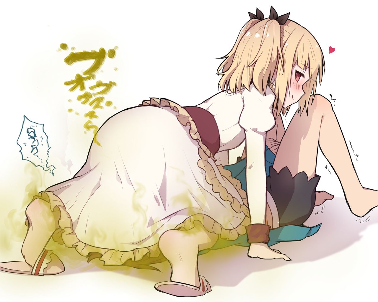 13o, blonde, blonde hair, blush, blushing, closed mouth, clothed, clothed female, clothes, clothing, duo, duo focus, fart, fart cloud, fart fetish, female, female on top, female only, heart, iijima yun, light skin, light-skinned female, long sleeves, new game!, shinoda hajime, smile, tagme, text, white background