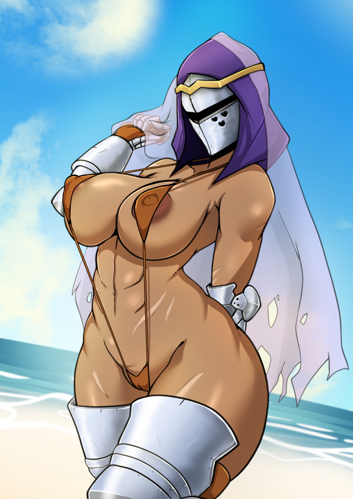 1girls, abs, areola, areolae, armor, beach, big areola, big breasts, big nipples, bikini, bottomless, breasts, brown skin, circlet, curvy, fat mons, female, female focus, female knight, female only, gauntlets, helmet, hips, hood, knight, large breasts, mostly nude, muscular, muscular female, navel, nipples, nipples visible through bikini, nipples visible through clothing, nude, panties, partially clothed, perky breasts, pose, puffy areola, pussy, skimpy, skimpy armor, skimpy clothes, solo, solo female, tan skin, tan-skinned female, thick thighs, thighs, veil, wide hips, zerah (zzvinniezz), zzvinniezz