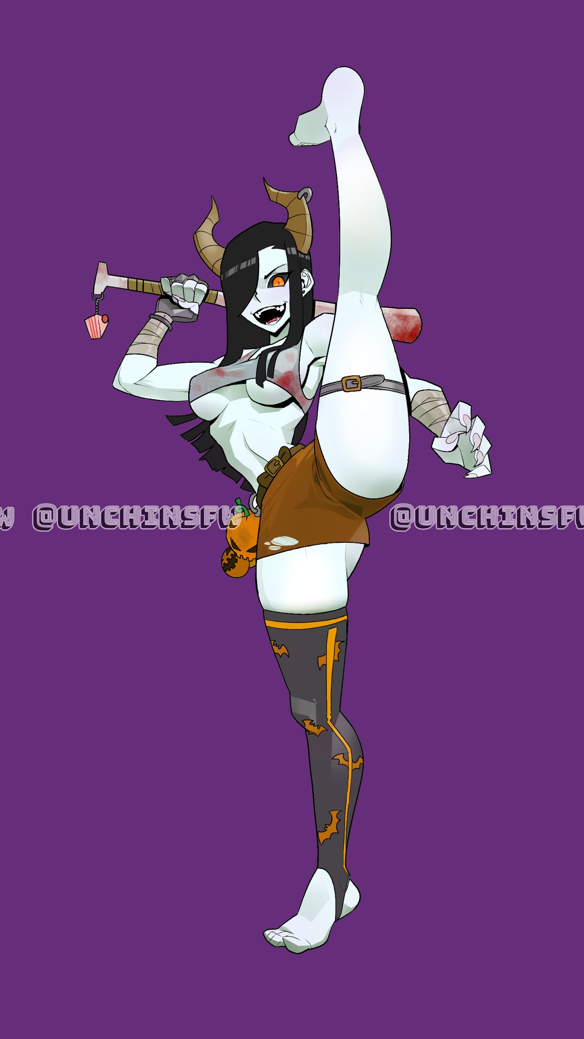 armpit baseball_bat blood_stain breasts brown_shorts female female_focus female_only horns leg_up light-skinned_female long_hair looking_at_viewer nila_(telepurte) open_mouth shorts solo solo_female thighs unchinsfw voluptuous white_skin