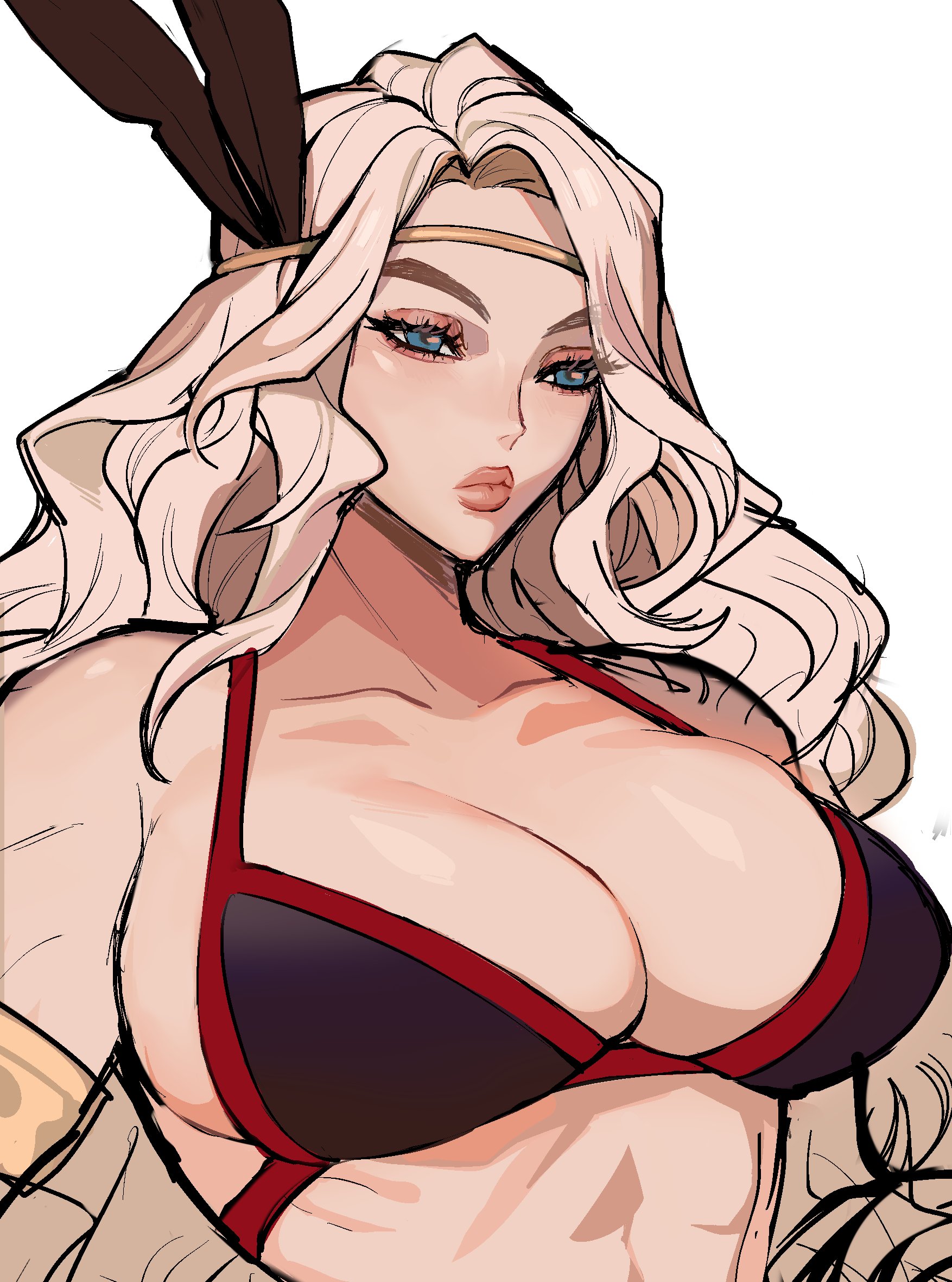 1girls, 2020, abs, amazon, amazon (dragon's crown), bikini, blonde hair, blue eyes, breasts, brown eyebrows, cleavage, dragon's crown, ennuigrl, feather hair ornament, feathers, female, female only, headband, hi res, long hair, muscular, muscular female, narrowed eyes, platinum blonde hair, solo, solo female, solo focus, toned, unamused, upper body, white background