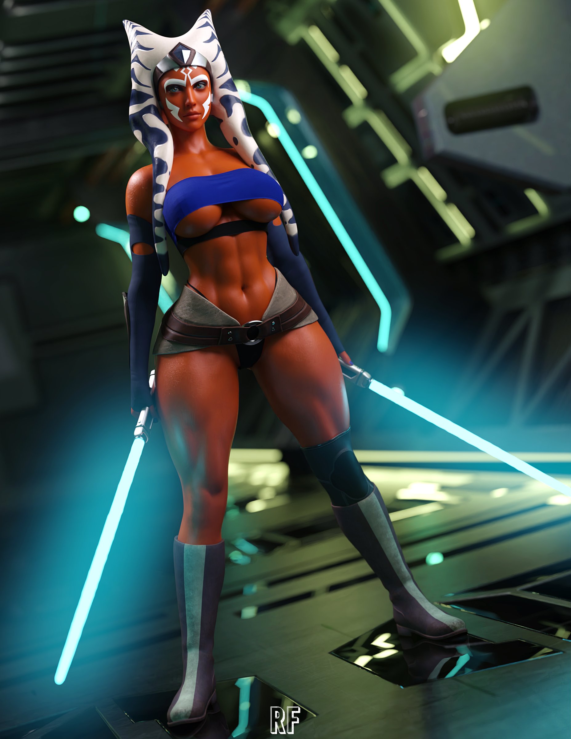 1girls, 3d, abs, ahsoka tano, athletic, athletic female, big breasts, breasts, female, female only, large breasts, looking at viewer, rude frog, solo, star wars, star wars rebels, togruta, underboob