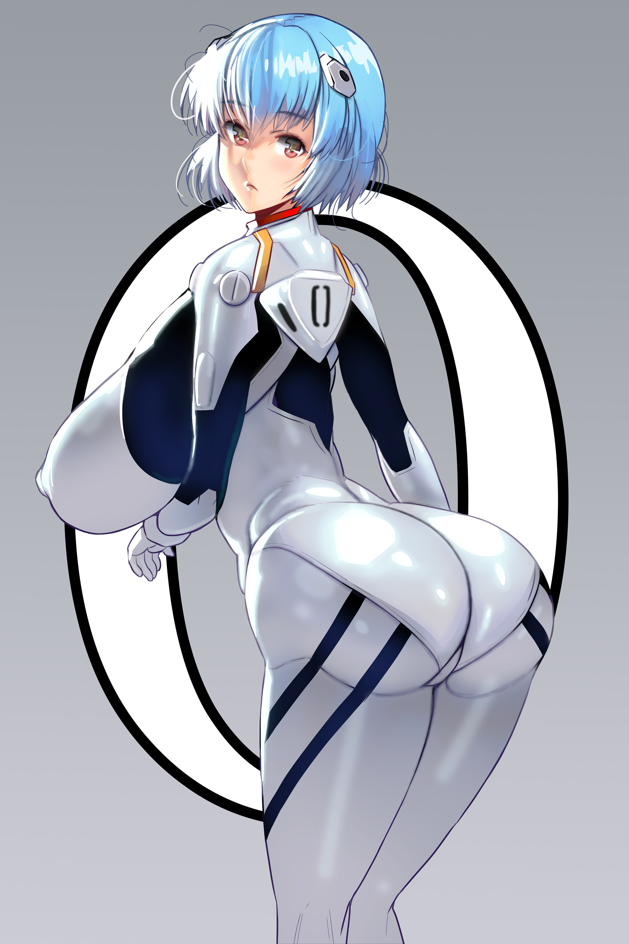 1girls, ass, big ass, big breasts, blue hair, bodysuit, breasts, clothing, erect nipples, erect nipples under clothes, female, gainax, huge breasts, human, interface headset, large breasts, light skin, light-skinned female, looking at viewer, looking back, masao, neon genesis evangelion, nipples, pale skin, pale-skinned female, pilot suit, plugsuit, red eyes, rei ayanami, short hair, solo, solo female, tagme, thick, thick ass, thick thighs, tight clothing, wide hips
