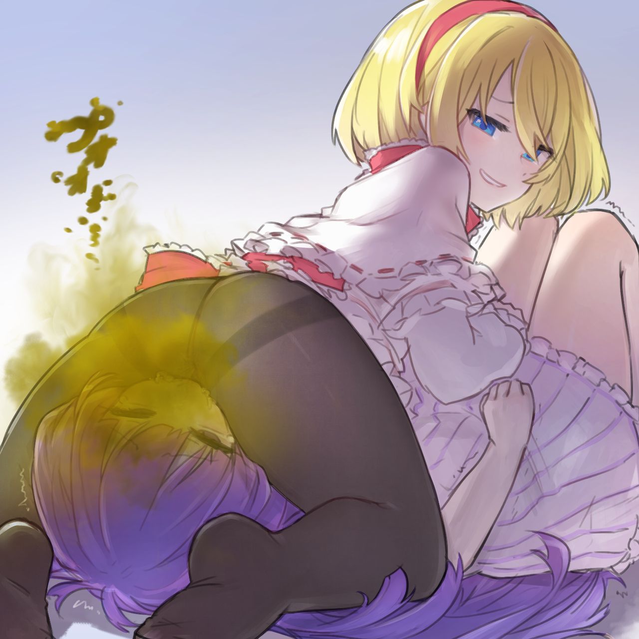 13o, 2girls, alice margatroid, blue eyes, facesitting, fart, fart fetish, farting in face, female, female only, multiple females, multiple girls, pantyhose, patchouli knowledge, tagme, touhou, yuri